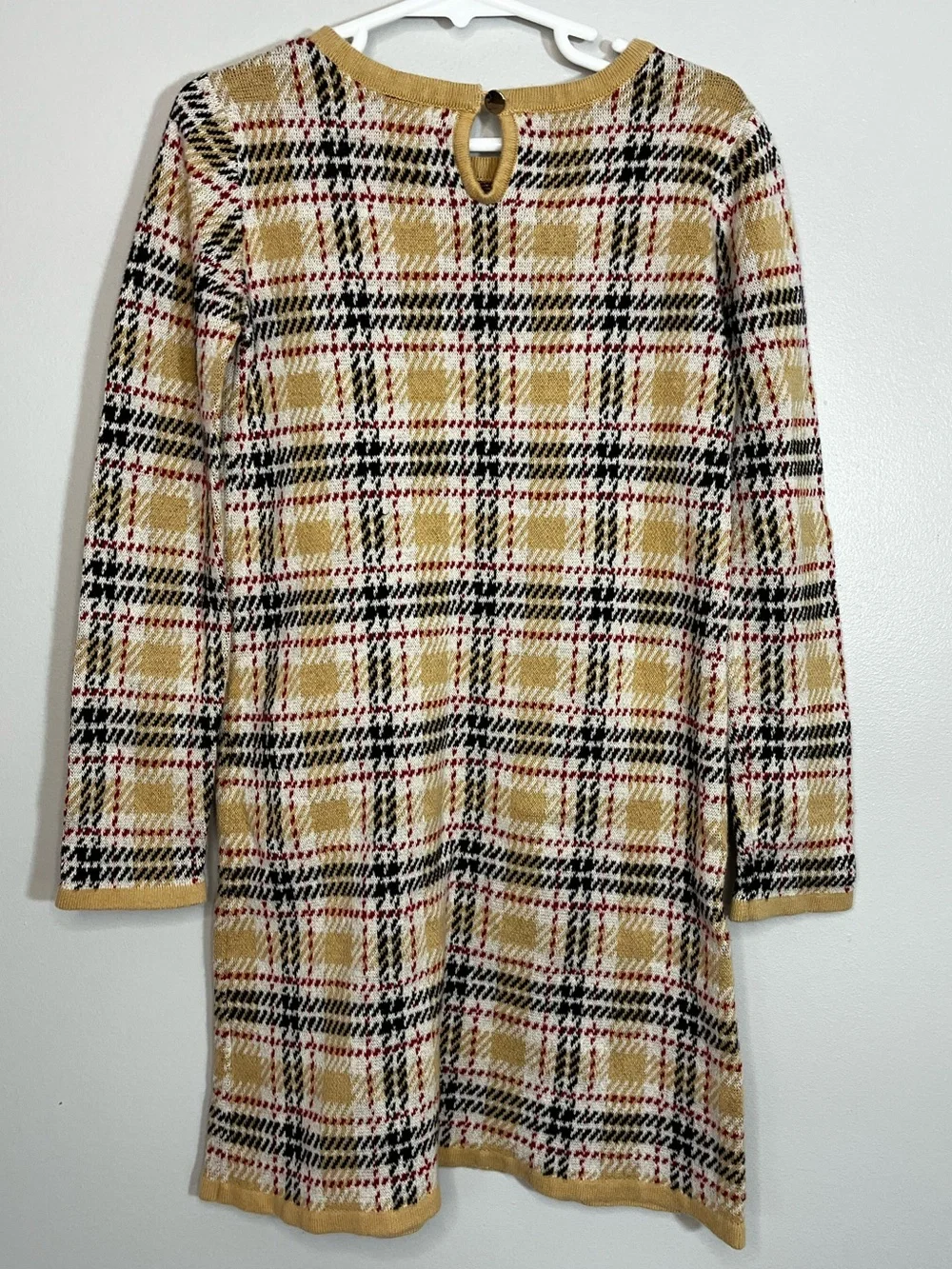 Hope & Henry Tan Organic Cotton Plaid Knit Dress with Bow Girl’s 6